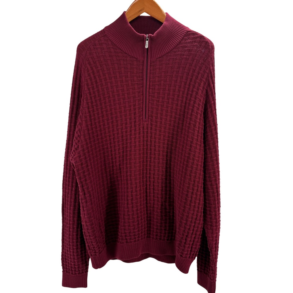 Bobby Jones Players Mens L Burgundy Red Basketweave 100% Cotton‎ 1/4 Zip Sweater